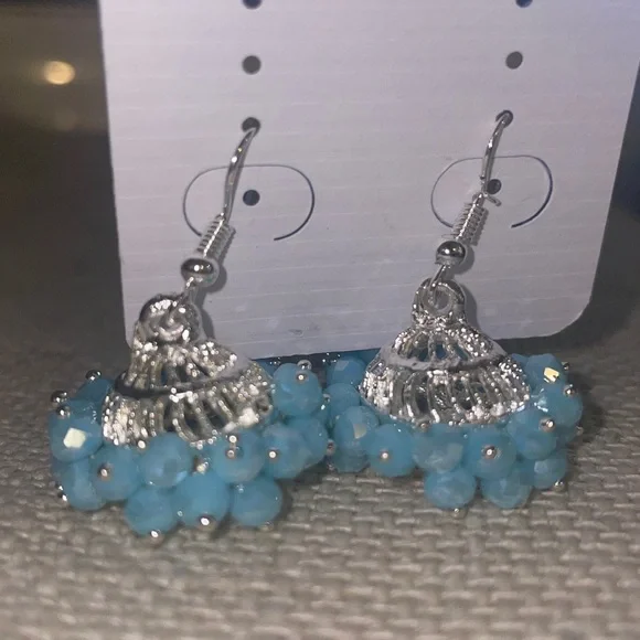 Silver and Blue Jhumkas - Picture 2 of 4